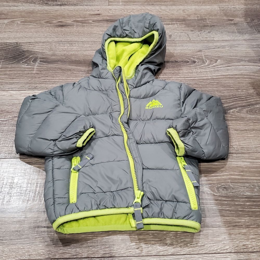 Baby Snozu Puffer Jacket Size 18M Gray and Neon Green Hooded Puffer Jacket